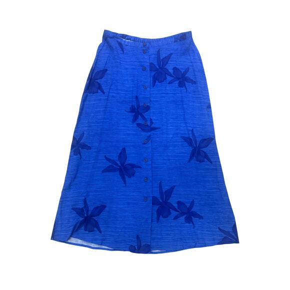 Blue Floral A-Line Midi Skirt 1X Maggie McNaughton Boho Button Front Rayon Lined - Picture 2 of 6